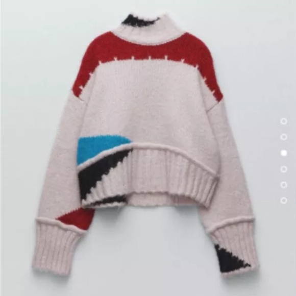 ZARA COLOUR BLOCK ABSTRACT SWEATER WIDE CUFF OVERSIZED PINK BLUE RED M BLOGGERS - Picture 2 of 6